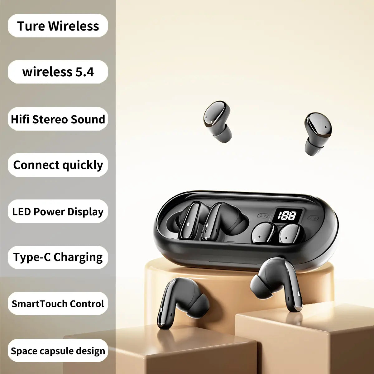 MSHUKCOE Mini Invisible Bluetooth Earphones - True Wireless, Touch Control, Noise Cancelling, IPX5 Waterproof for Sports & Gym