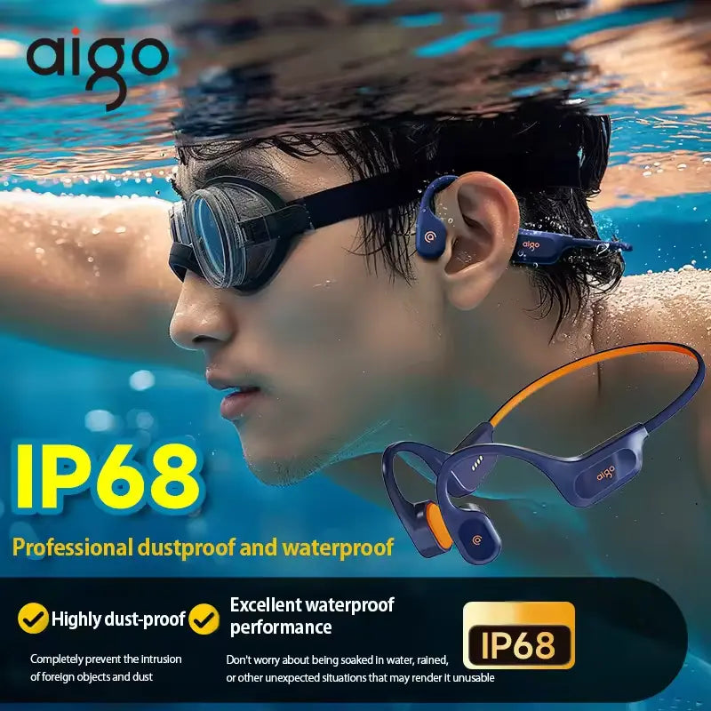 Aigo GS06 Swimming Headphones Professionally Waterproof IP68 Wireless Open Wearable Bluetooth 5.4 32GB MP3 Sports Bone Conduction Headphones Audio Magnetic Memory Titanium Usb