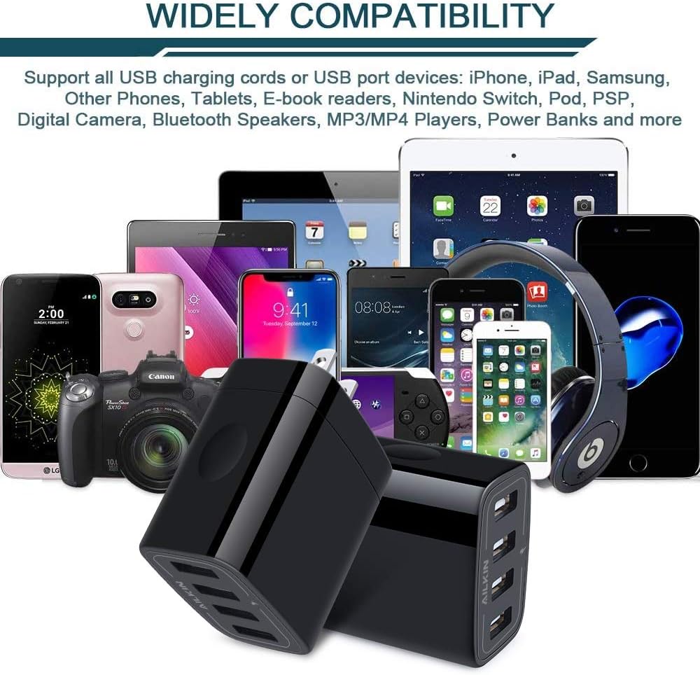 Power Up Your Devices with AILKIN's 4-Port USB Wall Charger - Fast Charging Station for iPhone, Samsung, and More!